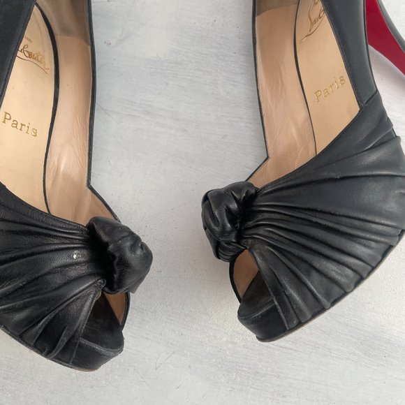 Christian Louboutin Lady Gres Platform Pumps Black Leather Peep Toe Ruched Knot - Picture 8 of 16